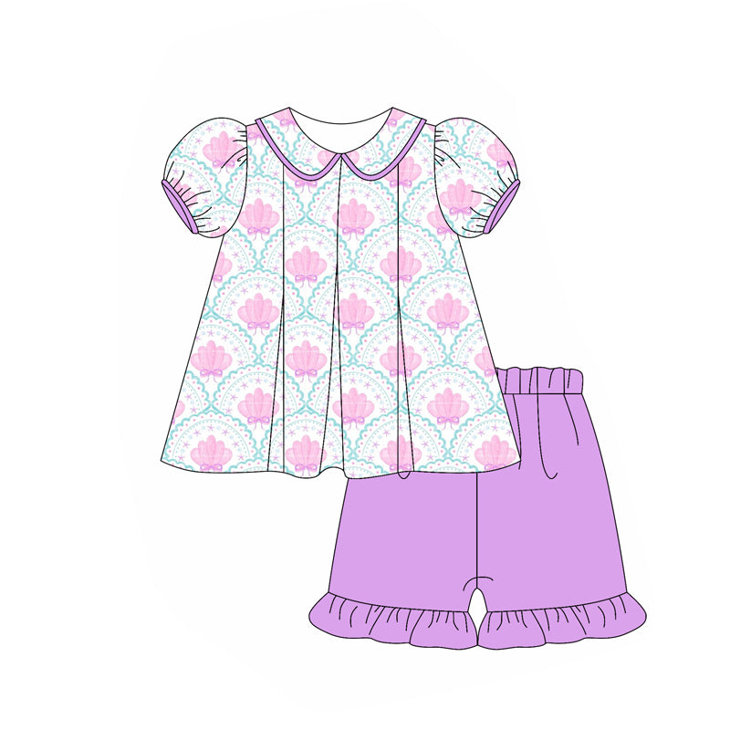 pre order Girls Summer Outfit Set Short Sleeves Shell Starfish Top Matching Shorts Casual Beachwear for Kids