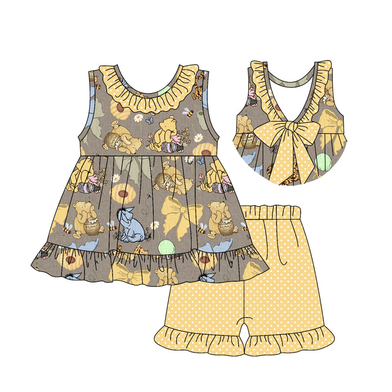 pre order Yellow ruffle bow bear tunic shorts girls clothing set
