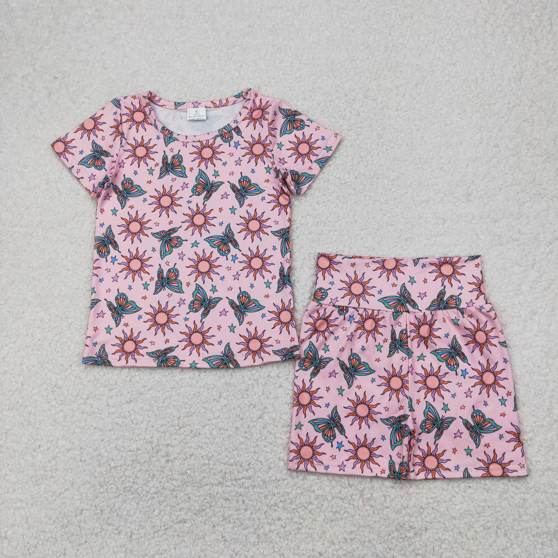 10.4 RTS Sibling Baby Girls Short Sleeve Flowers Butterfly Tops Biking Ruffle Shorts Clothes Sets
