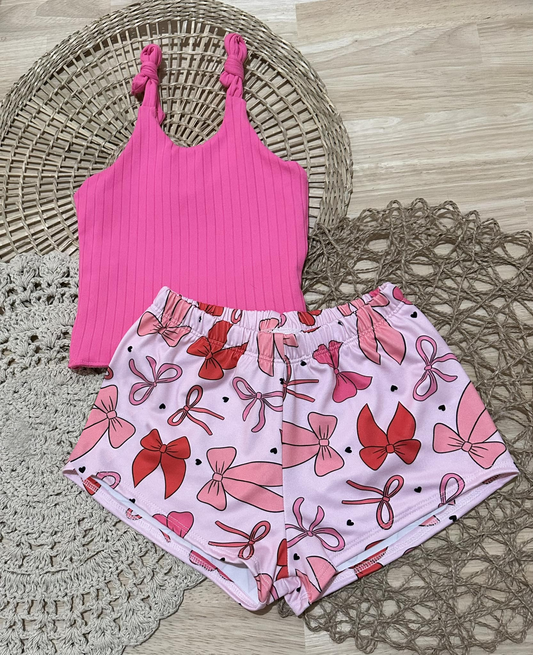 5.27 GSSO2438 Pre order Hot pink straps top bow shorts kids girls clothing set