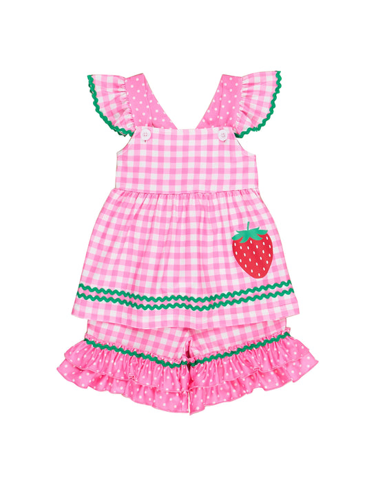 5.27 GSSO2440 Pre order Pink plaid strawberry tunic ruffle shorts girls clothing