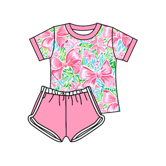 5.27 GSSO2441 Pre order Short sleeves floral bow pink shorts girls summer clothes