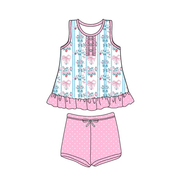 5.27 GSSO2443 Pre order Girls Sleeveless Floral Bow Ruffle Top Polka Dots Shorts Outfit Cute Summer Clothes Set for Kids
