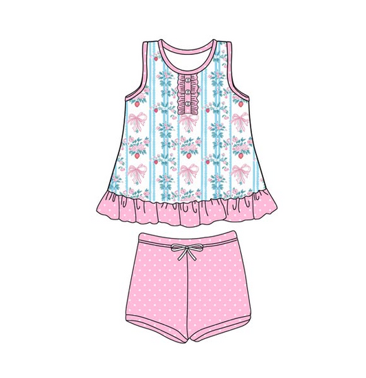 5.27 GSSO2443 Pre order Girls Sleeveless Floral Bow Ruffle Top Polka Dots Shorts Outfit Cute Summer Clothes Set for Kids