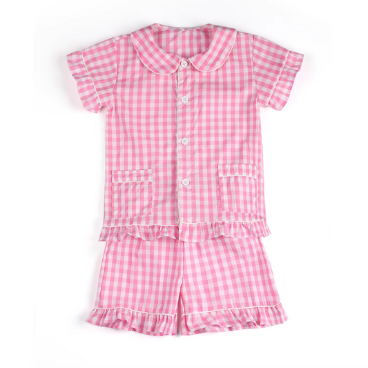 5.27 GSSO2444 Pre order Pink plaid ruffle pockets girls summer button down pajamas