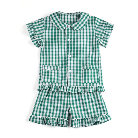 5.27 GSSO2445 Pre order Green plaid ruffle pockets girls summer button down pajamas