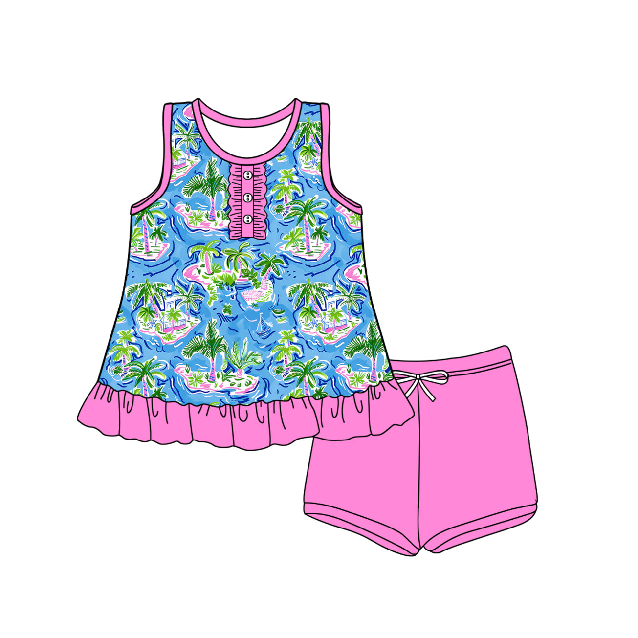 6.06  pre order Girls Sleeveless Watercolor Trees Boat Print Top Shorts Set Summer Clothing Casual Breathable Outfit for Little Girls