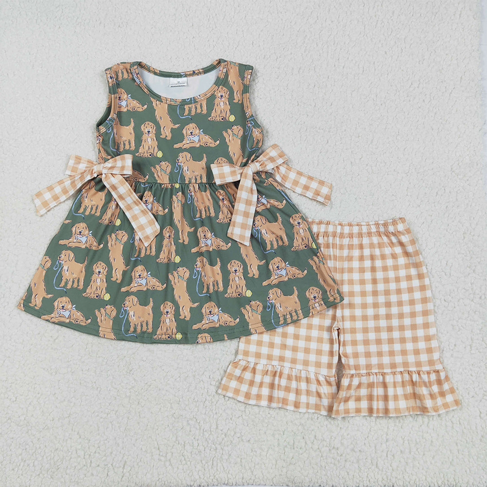 4.28 GSSO2449 RTS NO MOQ Baby Girls Summer Outfits  Sleeveless dog tunic khaki shorts girls clothes