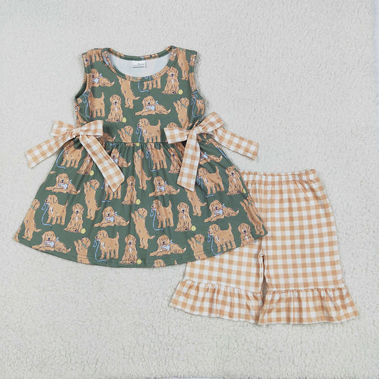 4.28 GSSO2449 RTS NO MOQ Baby Girls Summer Outfits  Sleeveless dog tunic khaki shorts girls clothes