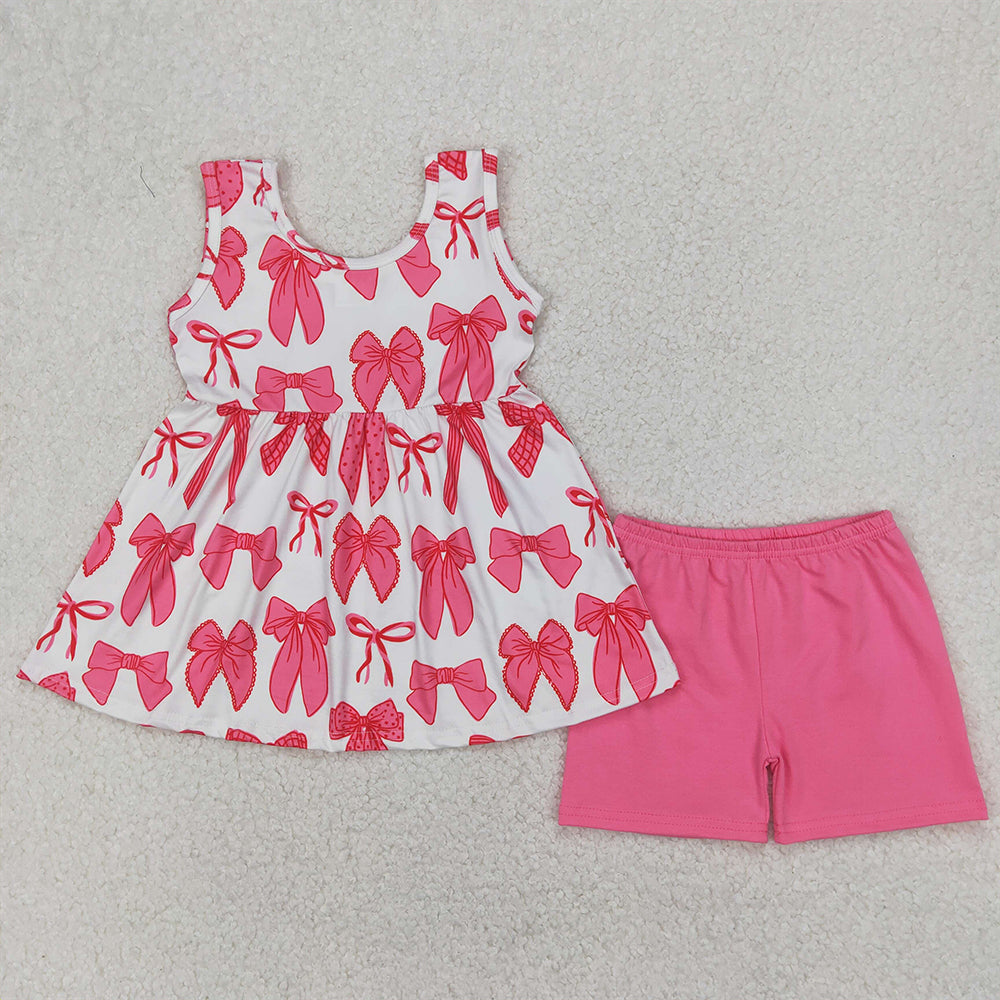 4.28 GSSO2450 RTS NO MOQ Baby Girls Summer Outfits  Sleeveless pink bow tunic shorts girls summer clothes