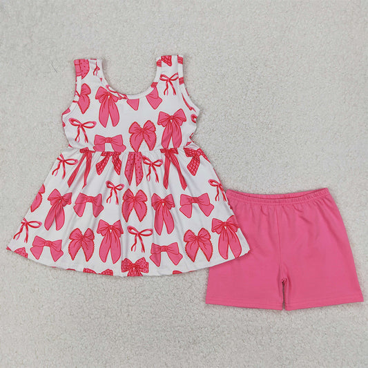 4.28 GSSO2450 RTS NO MOQ Baby Girls Summer Outfits  Sleeveless pink bow tunic shorts girls summer clothes