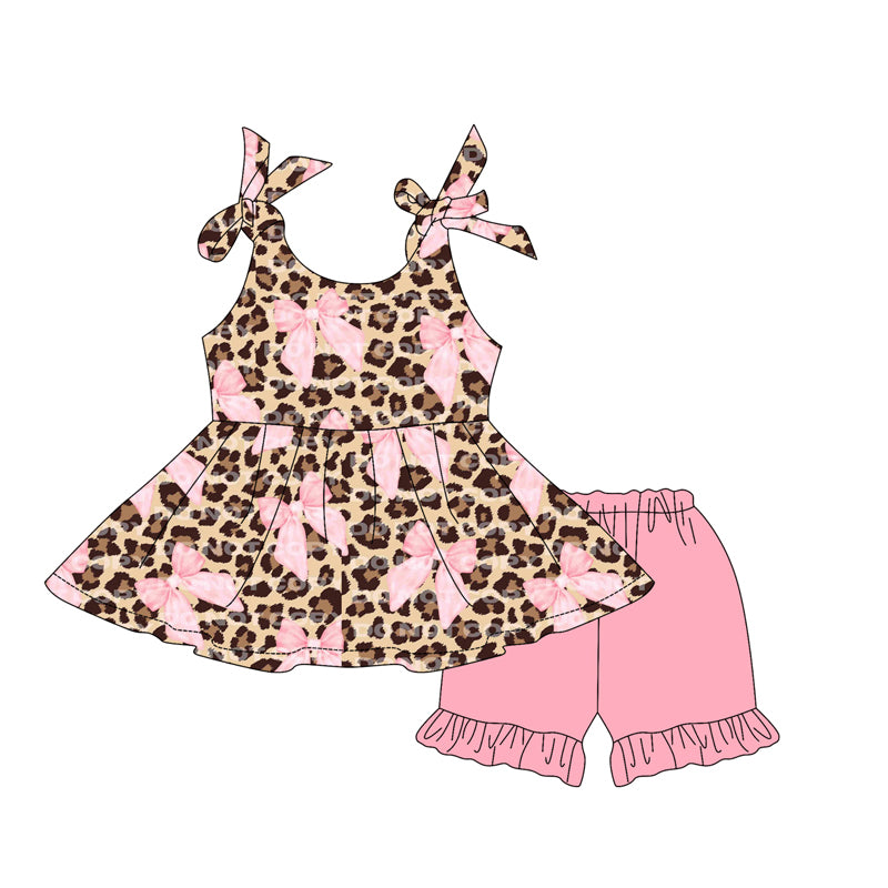 6.02   pre order Girls Leopard Bow Tunic Top with Straps And Pink Shorts Set Cute Animal Print Outfit for Kids