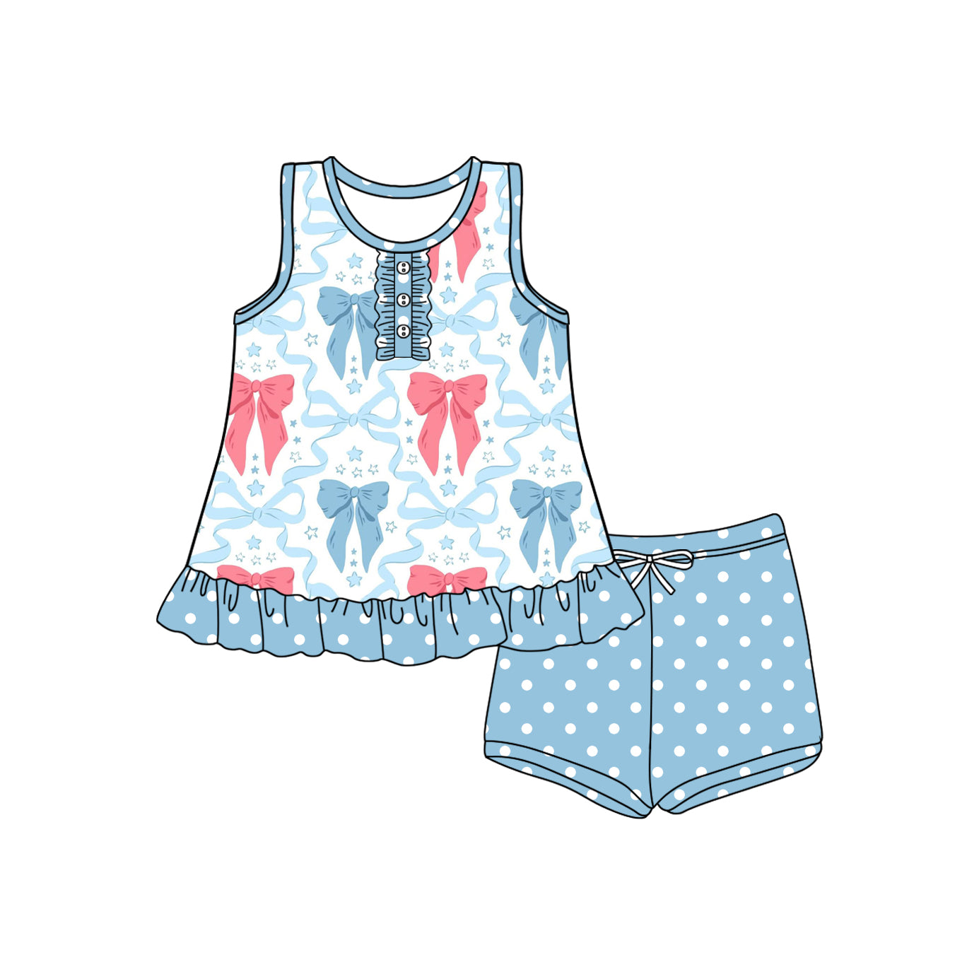 4.28 GSSO2454 Pre order Sleeveless pink blue bow top polka dots shorts girls clothes