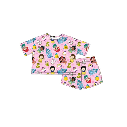GSSO2455 Pre order Pink short sleeves princess top shorts girls clothing set