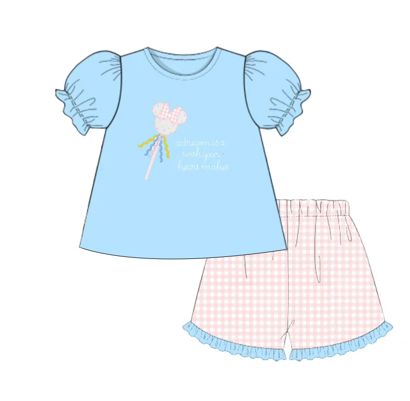 4.26 GSSO2457 Pre order Short sleeves light blue mouse top plaid shorts girls clothes