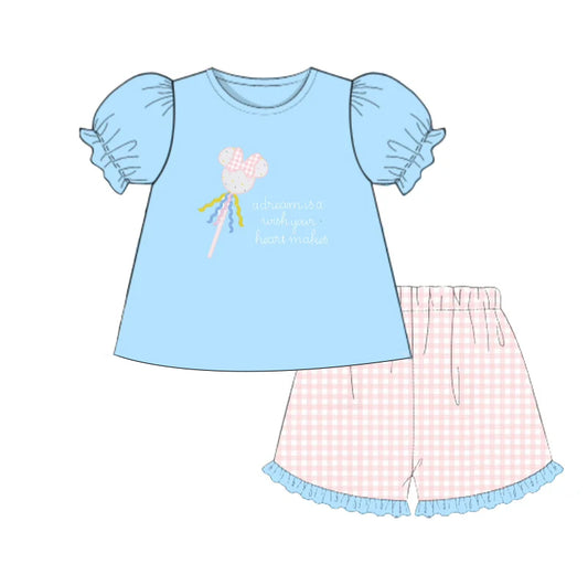 4.26 GSSO2457 Pre order Short sleeves light blue mouse top plaid shorts girls clothes