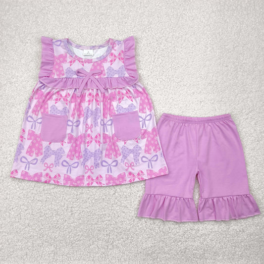 7.17   GSSO2462RTS NO MOQ Baby Girls Summer Outfits baby girl clothes bow sleeveless shorts set