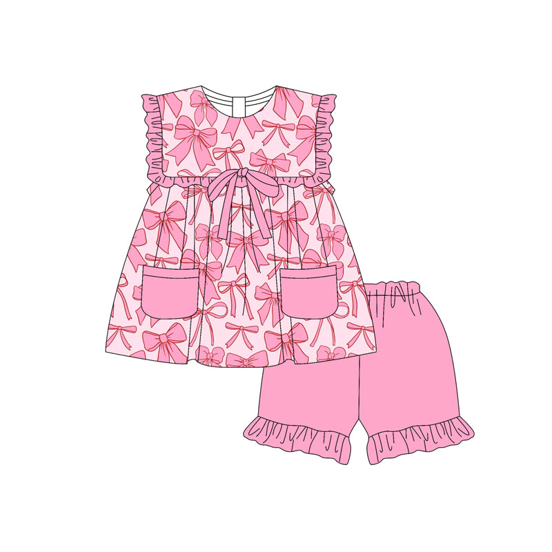 4.24 Pre order Baby Girls Pink Ruffle Pockets Bow Clothing Set Cute Outfit with Pockets for Little Ones