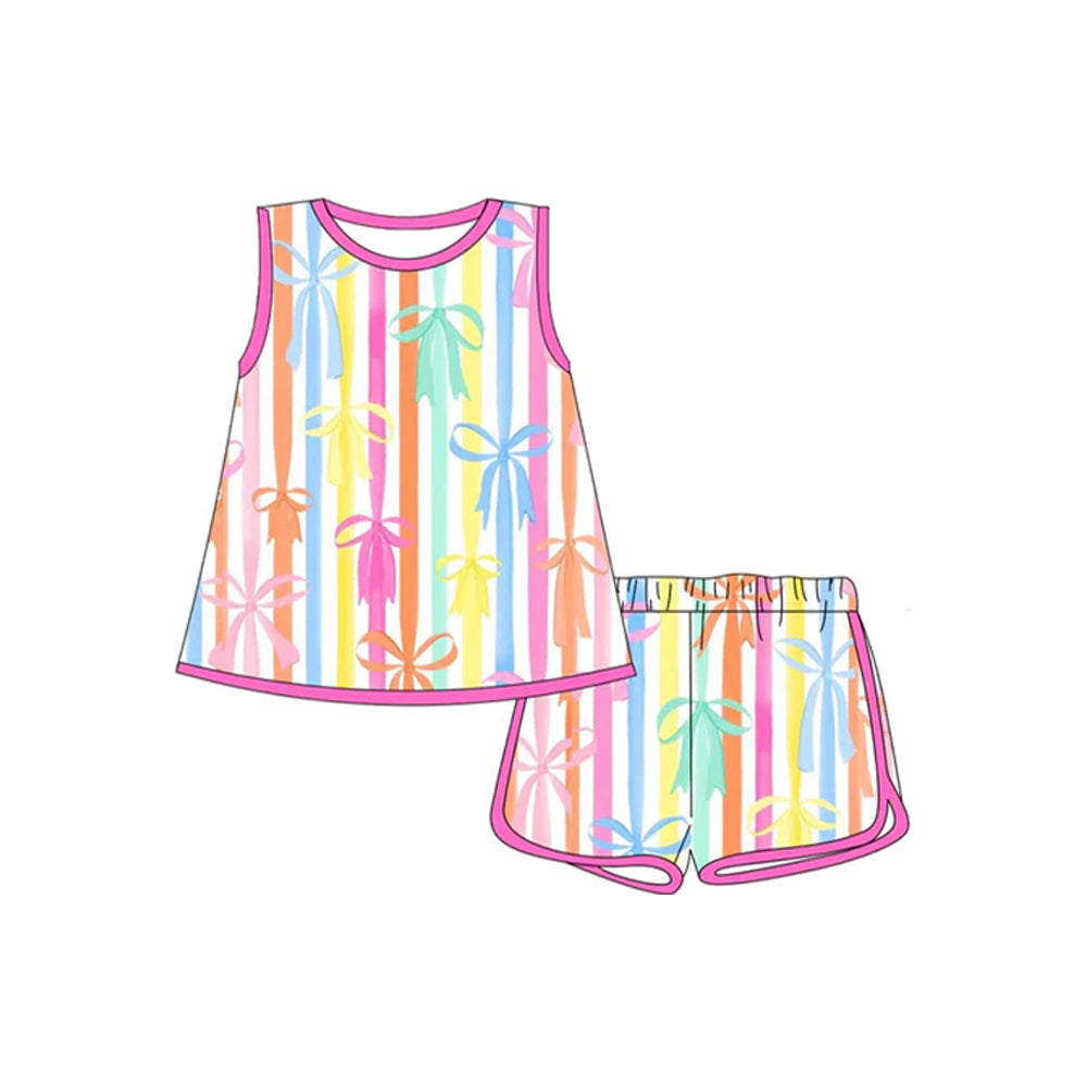 4.24 Pre order Kids Girls Sleeveless Colorful Stripe Bows Summer Clothes - Assorted Patterns for Little Fashionistas