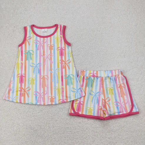 11.8 RTS Sibling Baby Girls Sleeveless Colorful Stripe Bows Top Shorts Sets