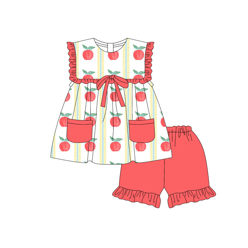 4.24 Pre order Girls Ruffle Apple Bow Tunic Ruffle Shorts Set Back to School Clothes Cute Kids Outfit with Bow Detailing