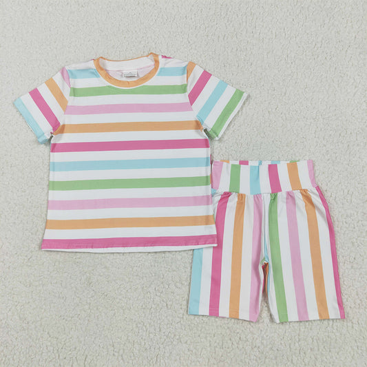 4.23 GSSO2468  RTS NO MOQ Baby Girls Summer Outfits  Short sleeves colorful stripe top shorts girls summer clothes