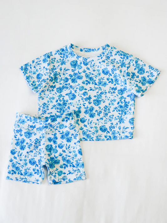 4.23 GSSO2469 Pre order Short sleeves blue floral top shorts girls summer clothes