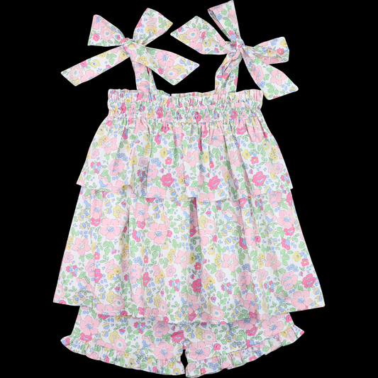 4.23 GSSO2470 Pre order Floral straps ruffle tunic shorts kids girls clothes
