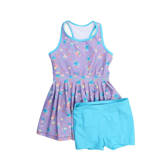 5.20   GSSO2473 Pre order Sleeveless lavender floral tunic shorts kids girls active wear