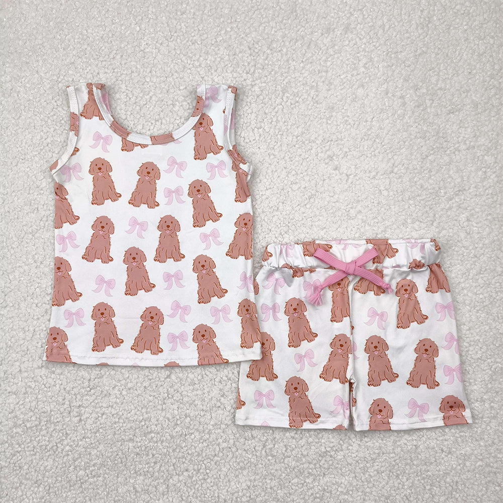 7.19  GSSO2475RTS NO MOQ Baby Girls Outfits baby girl clothes yoga puppy bow sleeveless shorts set