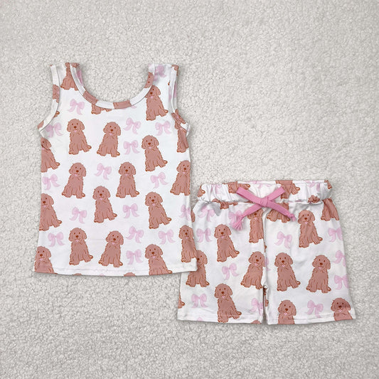 7.19  GSSO2475RTS NO MOQ Baby Girls Outfits baby girl clothes yoga puppy bow sleeveless shorts set