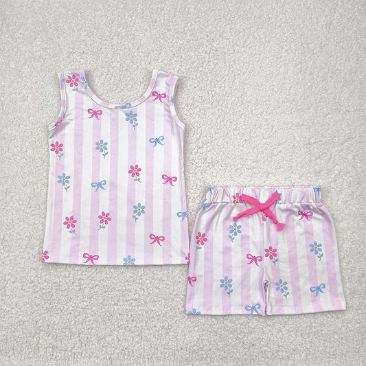 7.19 GSSO2476 RTS NO MOQ Baby Girls Summer Outfits baby girl clothes floral bow sleeveless shorts set