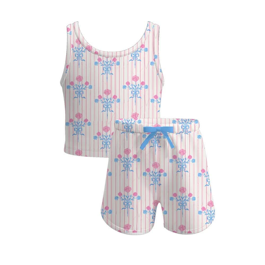 5.20  GSSO2477 Pre order Sleeveless pink stripe floral kids girls summer clothes
