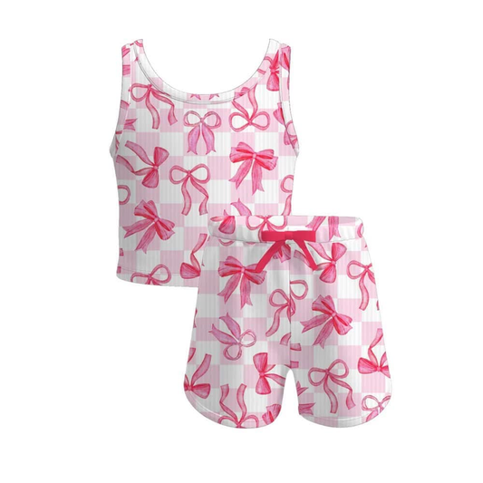 5.20   GSSO2480 Pre order Sleeveless pink bow plaid kids girls summer clothes