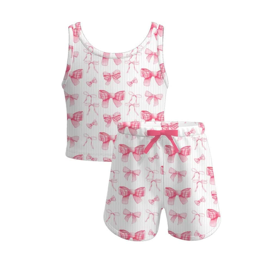 5.20   GSSO2481 Pre order Sleeveless white pink bow kids girls summer clothes
