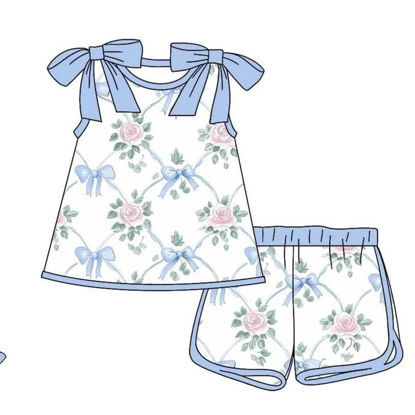 5.20   GSSO2482 Pre order Sleeveless light blue bow floral kids girls summer clothes
