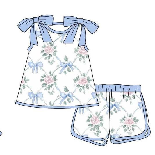 5.20   GSSO2482 Pre order Sleeveless light blue bow floral kids girls summer clothes