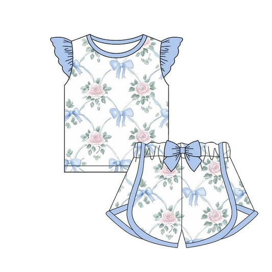 5.20   GSSO2483 Pre order Flutter sleeves light blue bow floral kids girls summer clothes