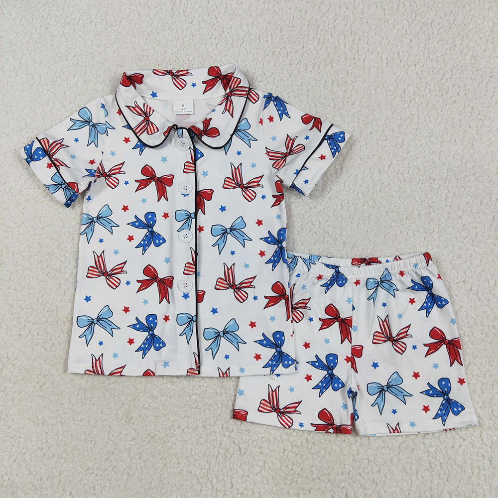 5.20  GSSO2484 RTS NO MOQ Baby Girls Summer Outfits Short sleeves blue red bow kids girls 4th of july pajamas