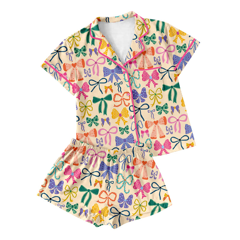 5.16  Pre order Colorful Bow Button Short-Sleeve Pajamas for Adults And Children - Comfortable Sleepwear with Buttons