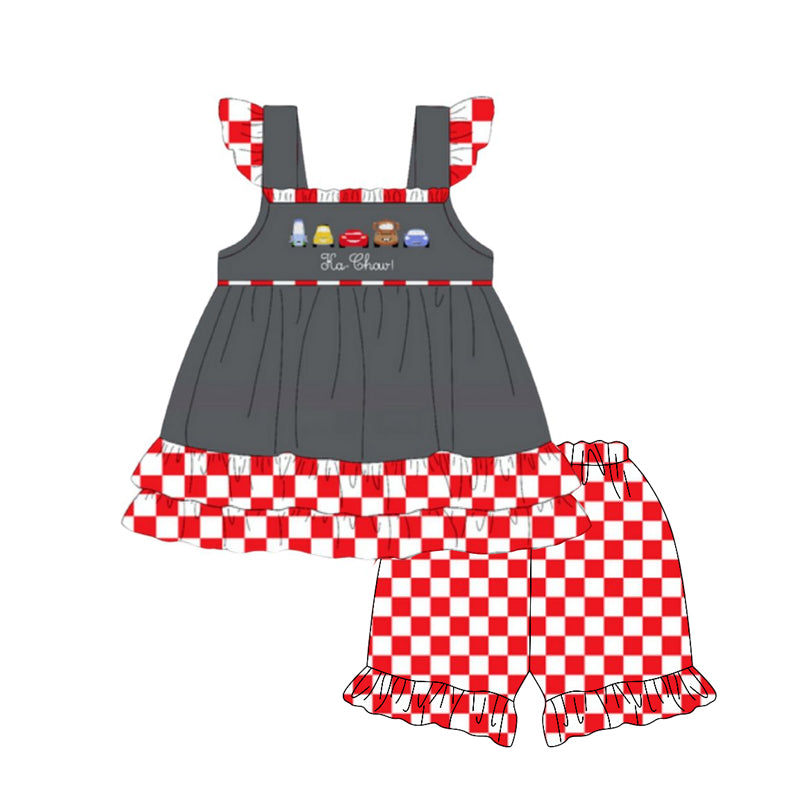 5.16  Pre order Girls Clothing Set with Flutter Sleeves Cars Tunic And Plaid Shorts Outfit for Kids