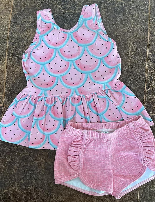 4.29 GSSO2494 Pre order Baby Girls Pink Mermaid Hearts Tunic Ruffle Shorts Sets