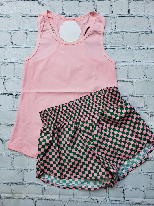 4.29 GSSO2496 Pre order Baby Girls Pink Sleeveless Tunic Plaid Shorts Sets