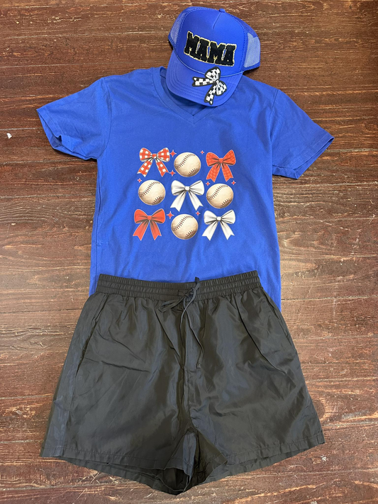 4.29 GSSO2497 Pre orderBaby Girls Bows Baseball Top Black Pockets Shorts Sets
