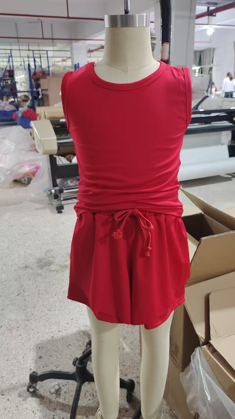 6.25  GSSO2499 Sample No Moq Fast Coming Baby Girls Yoga Outfits  Baby Girls Red Sleeveless Top Skorts Sets