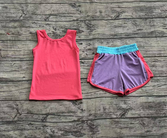 4.11 GSSO2507 Sample 10days Arrived RTS Baby Girl Red Sleeveless Tank Top Purple Shorts Yoga Set
