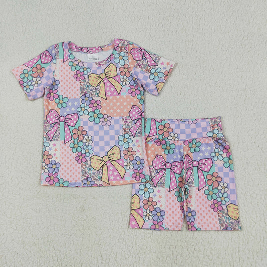 4.12 GSSO2509RTS NO MOQ Baby Girls Colorful Flower Bow Print Shorts Set