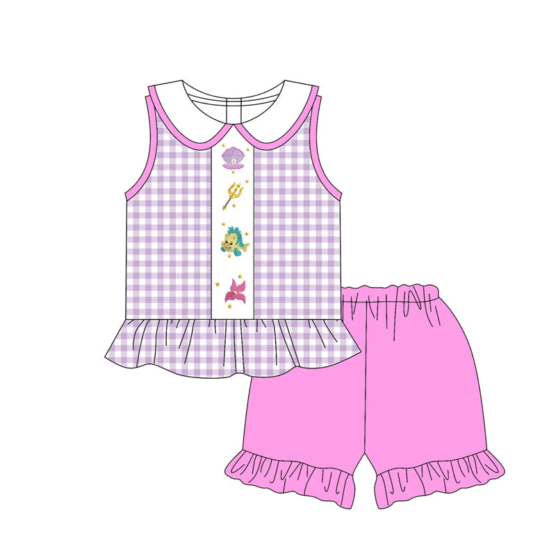 4.12 pre order Baby Girls Cartoon Fish Purple Gingham Top Outfit