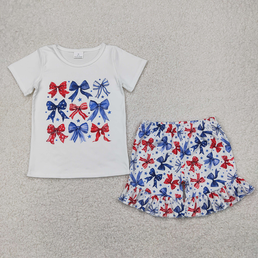 4.12 GSSO2512 RTS NO MOQ Baby Girls Summer Outfits Baby Girls July 4th Flag Coquette Shorts Outfit