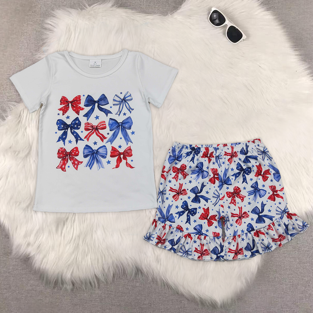 8.13  RTS Sibling Baby Girls Summer Outfits Sleeveless blue red bow tunic shorts girls 4th of july outfits